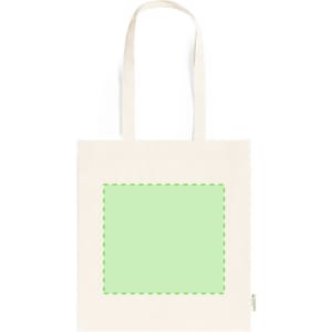 A cream tote bag featuring a square green panel and two shoulder straps. It has a logo on the side.