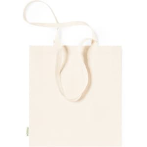 A cream tote bag with a simple design, featuring two shoulder straps and a branded tag.
