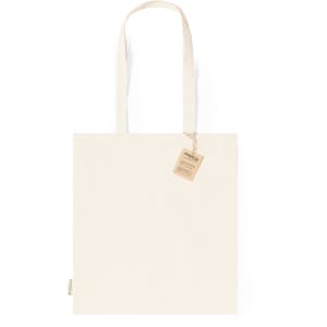 A neutral-coloured tote bag with two handles and a tag, featuring a simple design and no visible branding.