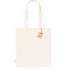 A decorative tote bag in a light cream colour, featuring long handles and a tag with information.