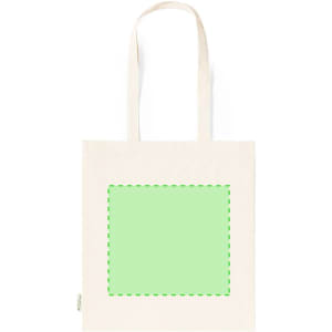 A light cream tote bag featuring a green outlined blank area, with handles for easy carrying and a logo on the side.