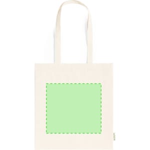 A cream tote bag with green accent and dotted outline, featuring two shoulder straps and a simple design.