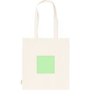 A cream tote bag featuring a green square outline in the centre and two shoulder straps.