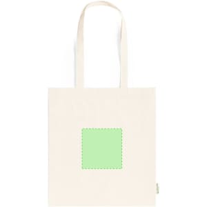 A cream tote bag with two handles and a green square design in the centre. It features a small logo on the side.