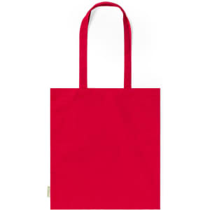 A bright red tote bag with two handles and a logo on the side.
