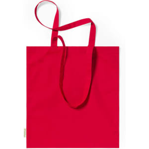 A red tote bag with long handles and a simple design. It features a small logo on one side.