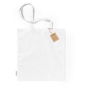 A white tote bag with two handles and a tag attached, featuring a simple design and no visible branding.