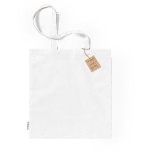 A white tote bag with two handles and a tag attached. The bag has a simple, unadorned design.