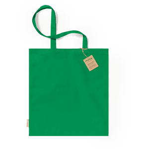 A green tote bag with two handles and a small tag attached. The bag has a simple design and features a logo.