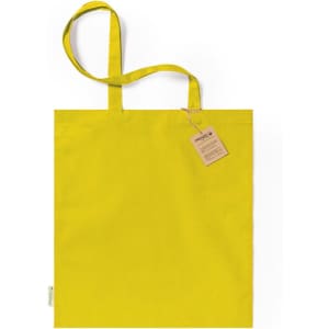 A yellow tote bag with two handles and a tag, featuring a simple, plain design.