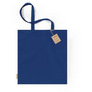 A navy blue tote bag with long handles and a tag attached. The bag features a simple, unadorned design.