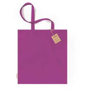 A purple tote bag with two handles and a hanging tag, featuring a simple and clean design.