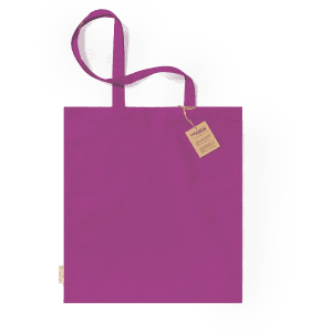 A purple tote bag with two handles and a tag attached. The bag has a plain design and features a logo.