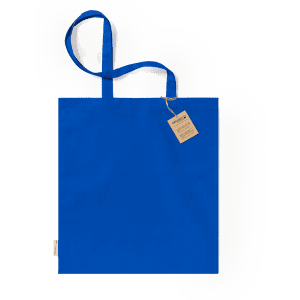 A bright blue tote bag with two handles and a tag attached, featuring a simple design.