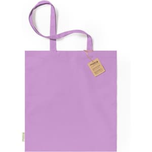 A lilac tote bag with long handles and a tag attached, featuring a logo.