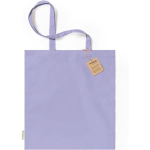 A lilac tote bag with two handles and a tag attached. The bag features a logo on the side.