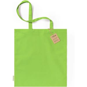 A bright green tote bag with two handles and a tag attached, featuring a logo or branding.