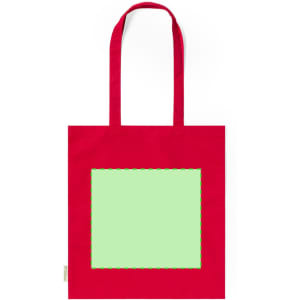 A red tote bag featuring a green rectangular area and straps for easy carrying. It has a logo.