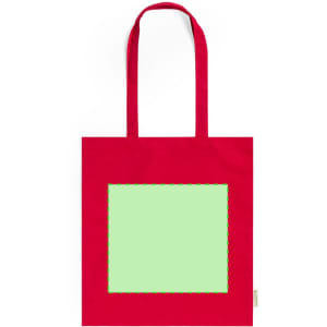 A red tote bag with green accents and a blank rectangular area. The bag features sturdy shoulder straps and a logo.