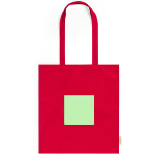 A red tote bag featuring a green square. The bag has two handle straps and includes a logo.