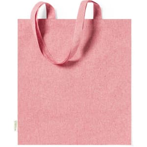 A pink tote bag with two handles and a plain design. It features a small logo on the side.