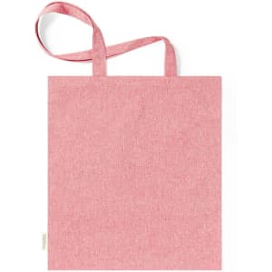 A pink tote bag with two handles and a simple design, featuring a small logo on the side.