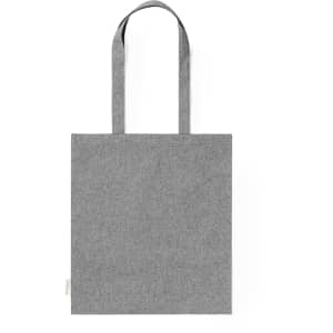 A grey tote bag with two handles, featuring a simple design and a logo.