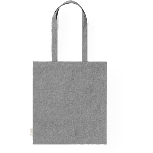 A grey tote bag with two handles and a minimalist design. It features a logo on one side.