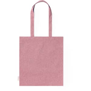 A pink tote bag featuring two handles and a simple design, with a branding label at the bottom.