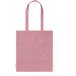 A pink tote bag with two handles and a minimalist design. It features a logo on the side.