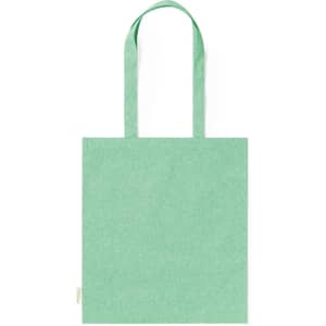 A green tote bag with two shoulder straps and a solid design. The bag has a branding label on the side.