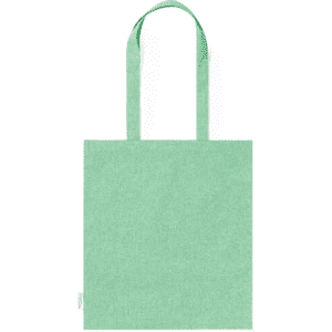 A mint green tote bag with two handles and a simple design. It features a branding label.