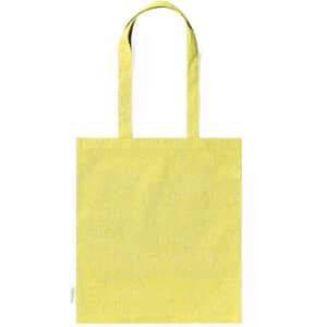A yellow tote bag with two handles and a simple design. It features a logo on the side.
