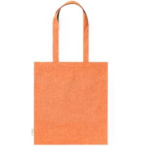 An orange tote bag with two handles and a simple design, featuring a small logo tag.