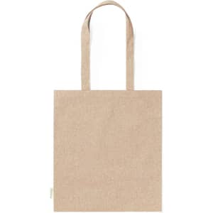 A beige tote bag with two handles, featuring a simple design and a branding label on the side.