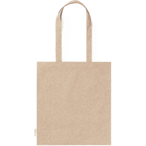 A beige tote bag with two handles and a simple design. It features a logo on one side.