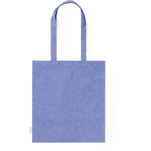 A blue tote bag with two shoulder straps and a plain design. It has a small logo on one side.