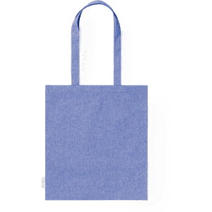 A blue tote bag with two handles and a simple design, featuring a logo.