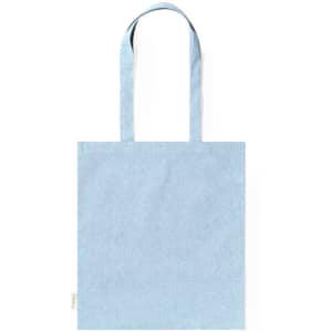 A light blue tote bag with two handles and a simple design. It features a small logo on the side.