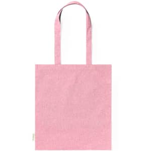 A pink tote bag with two handles, featuring a logo. Simple and stylish design.