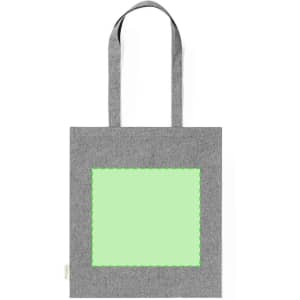 A grey tote bag with long handles and a green blank area for customisation. It has a logo featured on the side.