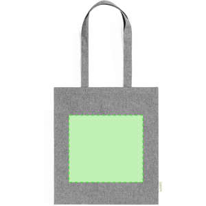 A grey tote bag with two handles and a blank green area, featuring a simple design and logo.