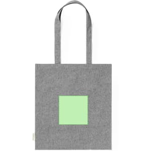 A grey tote bag featuring a square green design at the centre and two shoulder straps. It has a logo on one side.
