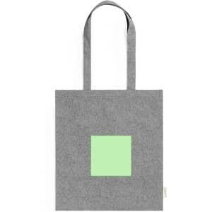 A grey tote bag with a green square design in the centre. The bag features two shoulder straps and has a logo.