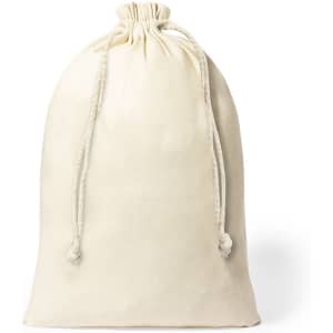 A cream drawstring bag with a cinched top and rope closure, featuring a simple design. It has a logo.