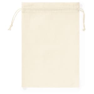A cream-coloured drawstring bag made of fabric, featuring a simple design and a logo.