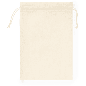 A cream drawstring bag with a simple design, featuring a drawstring closure and no visible branding.