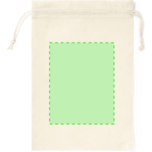 A cream-coloured drawstring bag featuring a green outlined square area. The bag has a simple design and includes a logo.