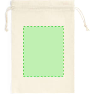 A cream drawstring bag with a green outline on a blank area, featuring a drawstring closure and natural texture.