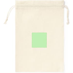A cream drawstring bag with a green square outline in the centre. It features a logo at the top.